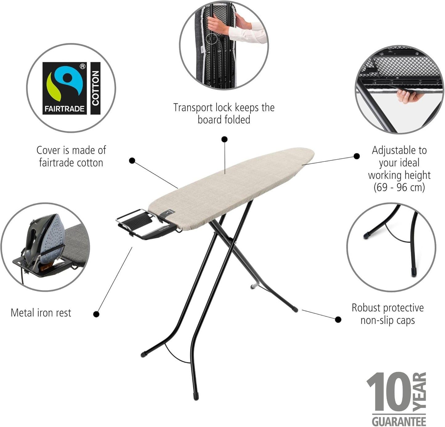 Brabantia Size A Compact Small Ironing Board (43x12 in) 7 Height Options, Adjustable Steam Iron Rest Holder (Denim Gray) Non-Slip Feet, Anti-Collapse Child Locks