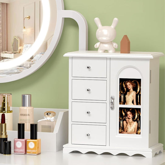 Bonnlo Small Jewelry Box Organizer with Photo Frame Door & Velvet Ring Holder, French Style Jewelry Storage Case with Rotating Necklace Hooks & Drawers, White,9.5" W*4.75" D*10.75" H