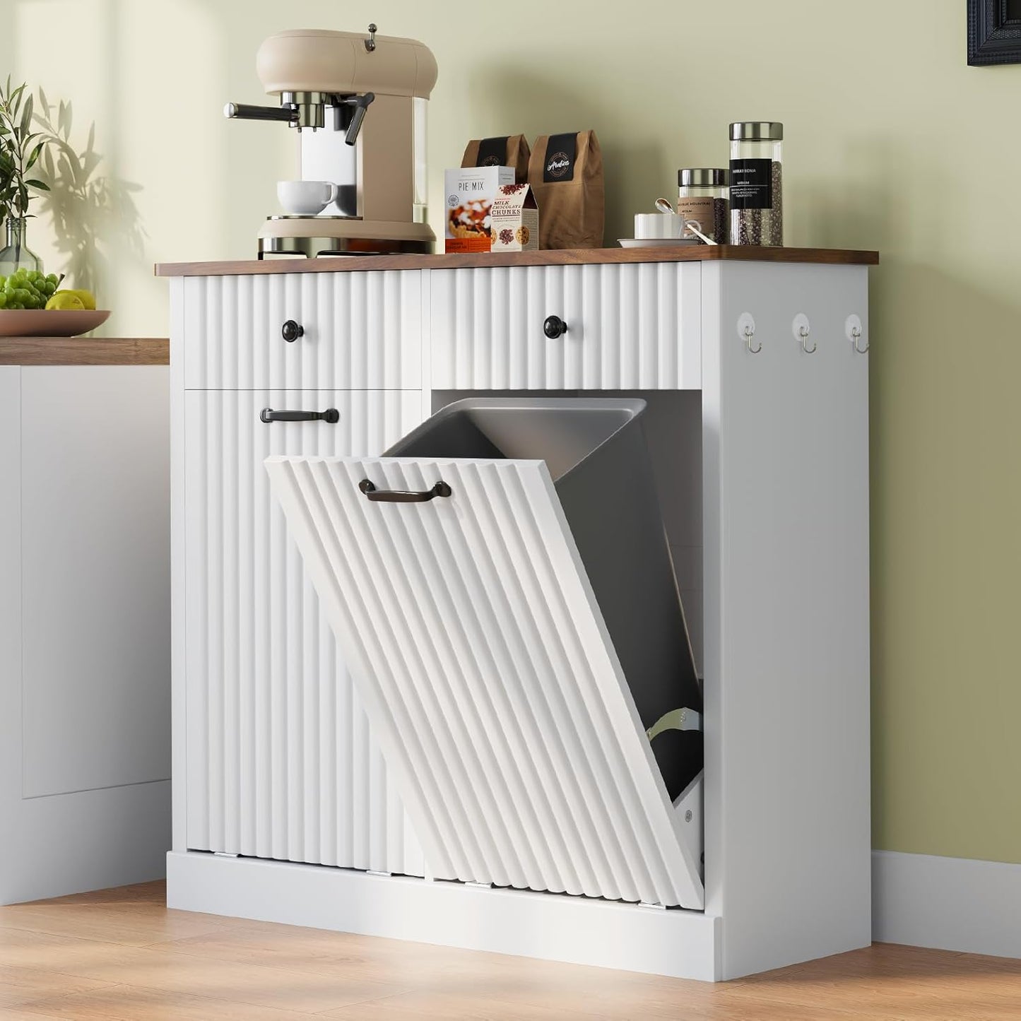 Double Tilt Out Trash Can Cabinet, 20 Gallon Fluted Laundry Hamper Cabinet with 2 Drawers, Wooden Hidden Garbage Can Cabinets for Kitchen, Living Room, Without Trash Bin or Laundry Hamper, White