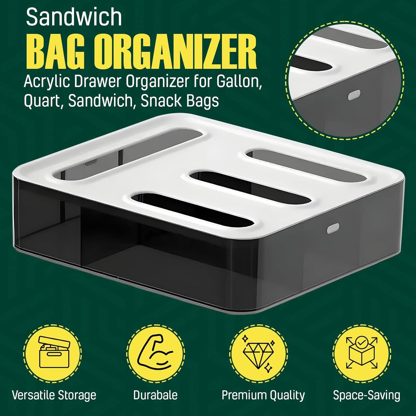 HIMUS Food Storage Bag Organizer - 4 in 1 Plastic Baggie Organizer for Drawer | Compatible with Sandwich, Snack, Gallon, Quart & Slider | Plastic Bag Organizers Kitchen Storage| Wall & Drawer Mount