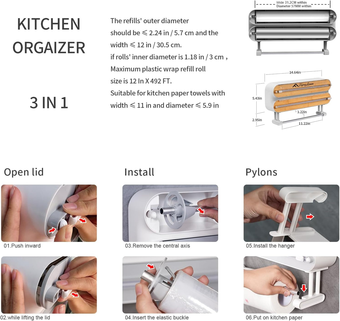 APSARAS USA Magnetic Plastic Wrap Dispenser with Cutter, 3 in 1 Aluminum Foil wrap Organizer, Practical Refillable Cling Wrap Film Cutter, Wall Mount Kitchen Wrap Dispenser, Include 2 * 12" Rolls