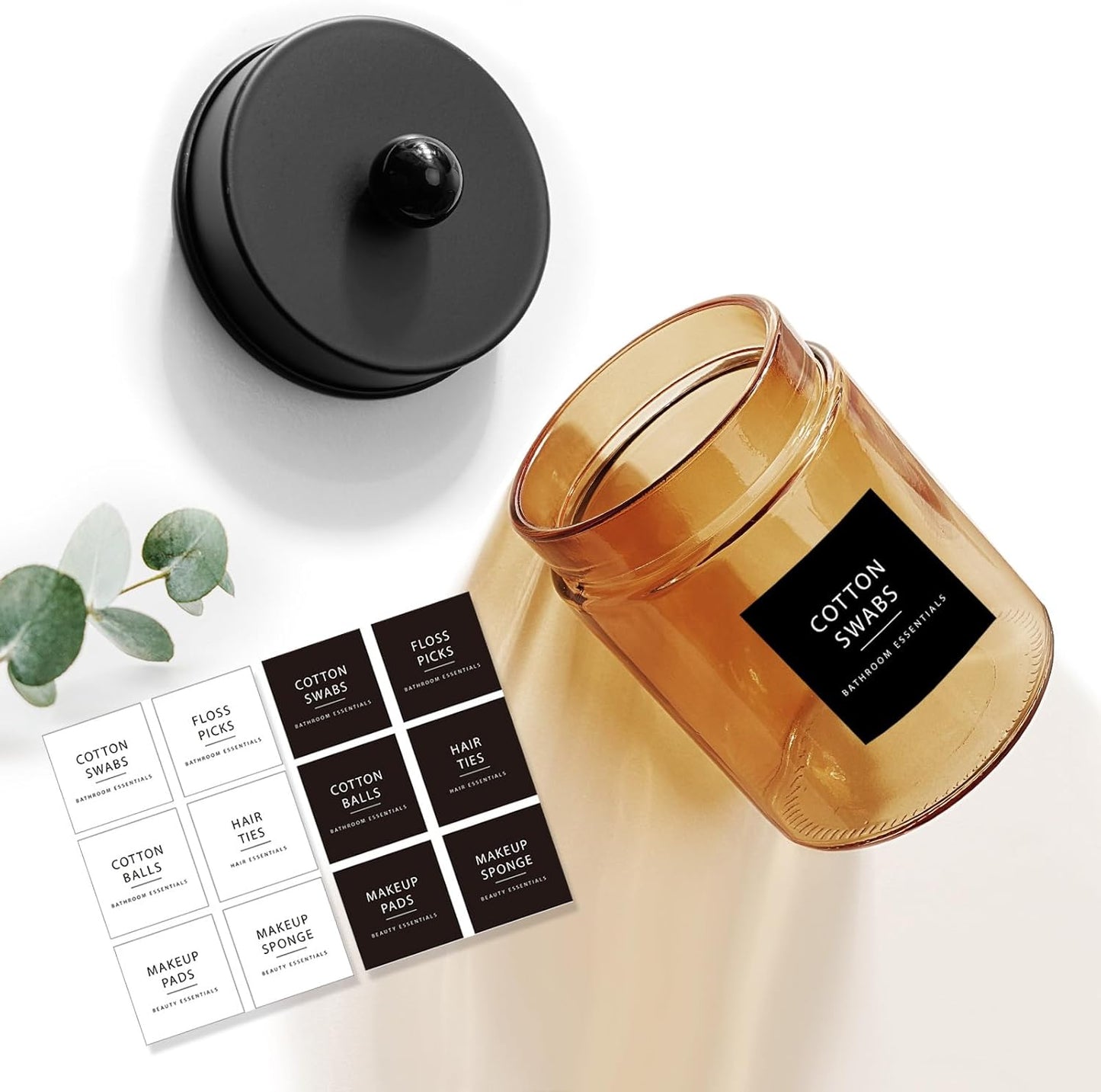 Amolliar Bronze Glass Apothecary Jar With Metal Lid & Stickers, Bathroom Qtip Dispenser Storage Canister, Perfect for Cotton Balls, Cotton Swabs, Makeup Pads, Bath Salt, Floss, 2 Pack (Black)