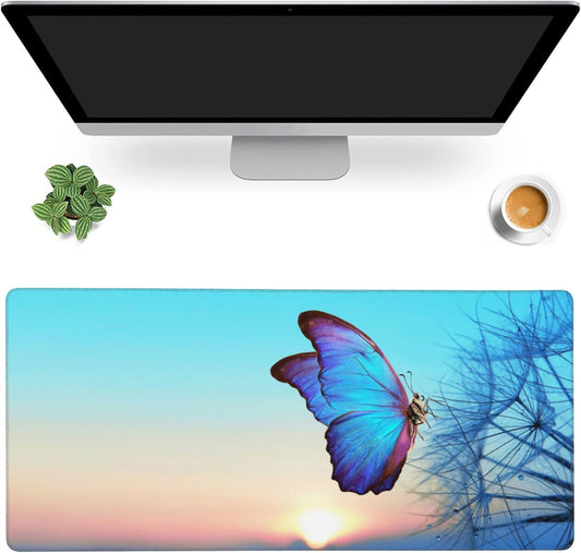 Gaming Mouse Mat Morpho Butterfly and Dandelion Large Mouse Pad Extended Mouse Pad Desk Mat Non-Slip Rubber Base Mice Pad Desk Pad for Office Game Home 35.4x15.75 in