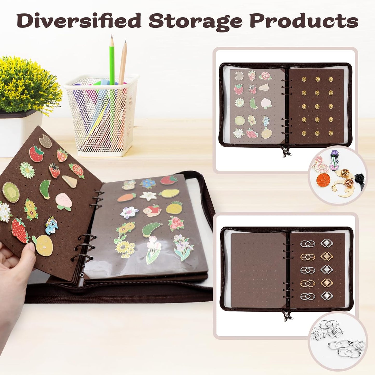 Enamel Pin Display Book Pin Collection Binder Holder Trading Book with 8-Page Display Boards A5 Brooch Pin Storage Organizer Binder Album for Travel Collectors (Dark Brown)