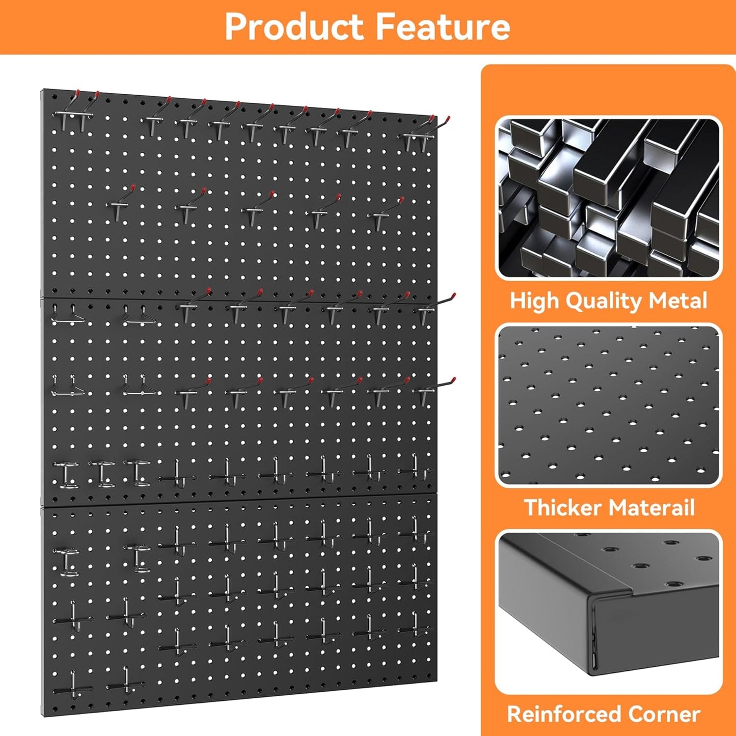WALMANN Metal Pegboard Panels for Wall Garage Tools Storage Pegboard for Garage, Workbench, Modular Peg Board Tool Organizer Board (Black 12"*24", Pack of 3)
