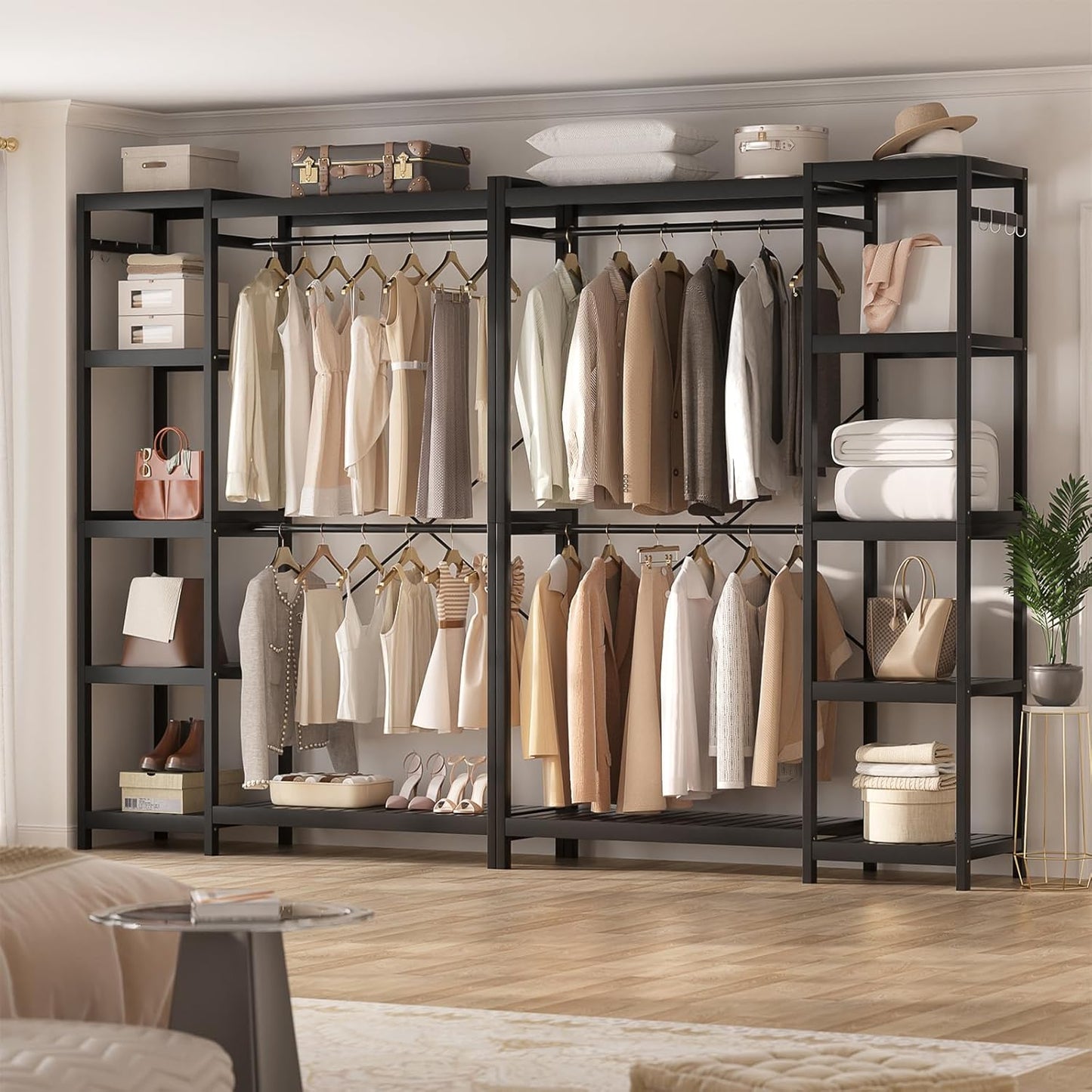 Homykic Bamboo Clothes Rack Garment Rack for Hanging Clothes, Heavy Duty Clothing Rack with 7 Tiers Adjustable Shelves, Double Rods, 4 Hooks, Freestanding Closet System Organizer Wardrobe, Black