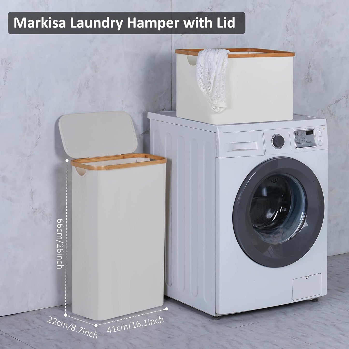 Slim Laundry Hamper,Narrow laundry Hamper with Lid,60L Hamper for Laundry,Dirty Cloth Hamper with Bamboo Handle for Toys,Towels, Clothes Organizing,Beige