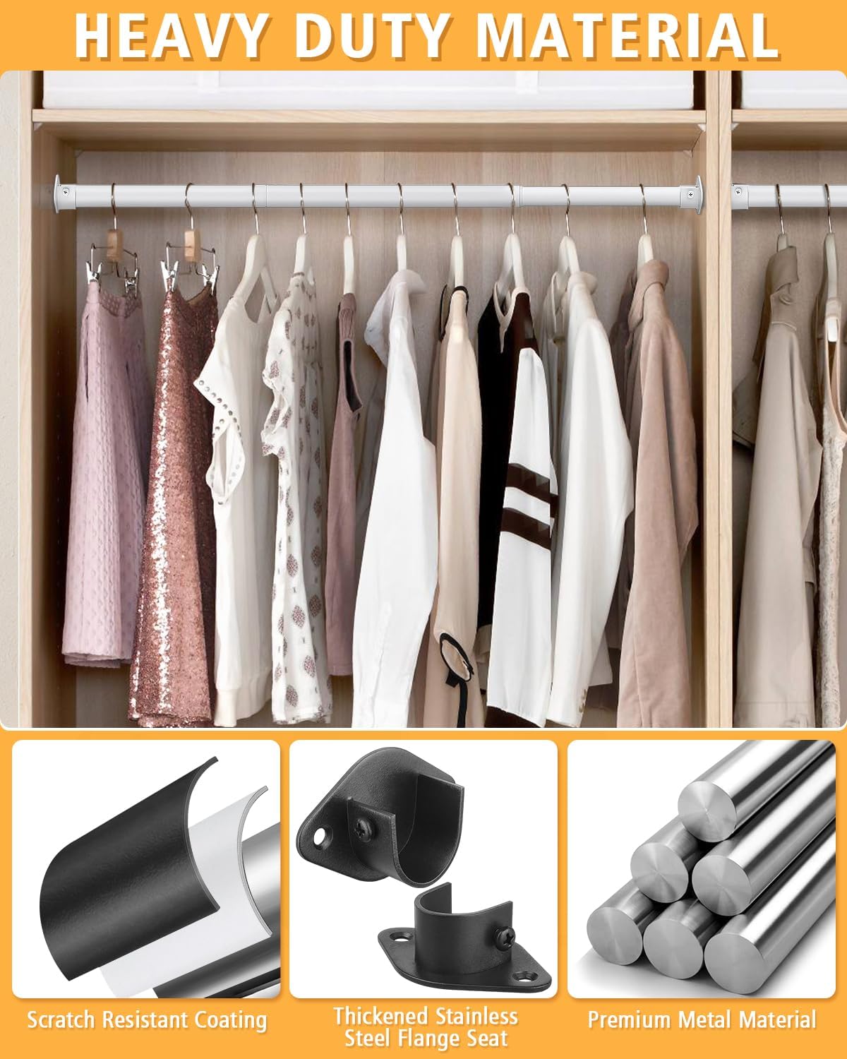 Closet Rod, 17 to 28 Inch Heavy Duty Adjustable Metal Clothing Rack for Hanging Clothes, Closet Poles for Wardrobes, Laundry, Durable Steel, White