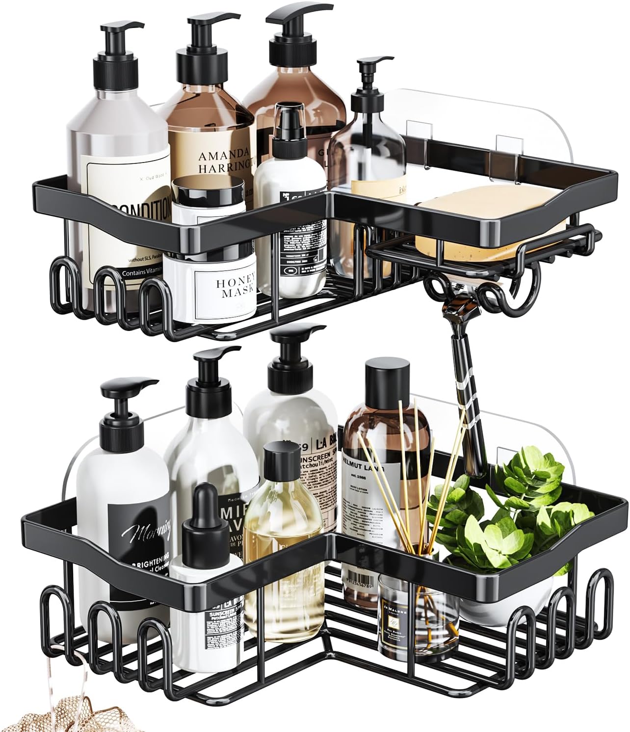 Corner Shower Caddy with Soap Holder, 2 Pack Stainless Steel Corner Shower Organizer with 11 Hooks, No Drilling & 6 Strong Adhesives Corner Shower Shelf Bathroom Organizer for Shower Room, Black