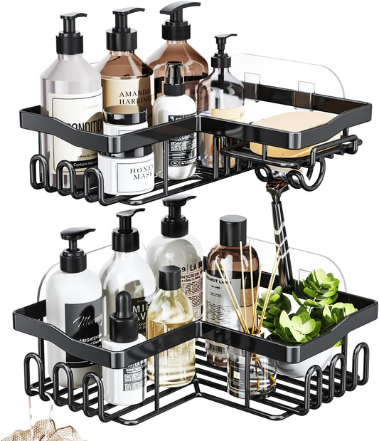 Corner Shower Caddy with Soap Holder, 2 Pack Stainless Steel Corner Shower Organizer with 11 Hooks, No Drilling & 6 Strong Adhesives Corner Shower Shelf Bathroom Organizer for Shower Room, Black
