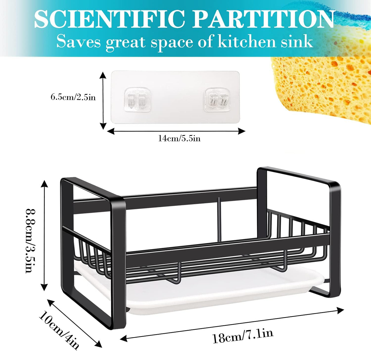 VANTEN Kitchen Sink Caddy Sponge Holder Organizer, Sink Tray Drainer Rack, Soap Dish Dispenser Brush Holder Storage Accessories - Countertop or Adhesive Wall Mount, Matte Black Stainless Steel