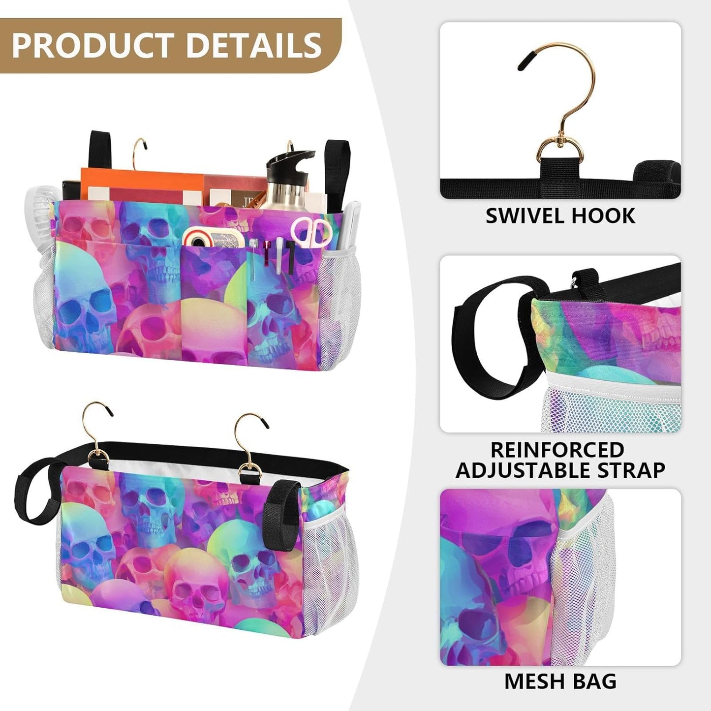 Gradient Multicolored Skulls Bedside Caddy for Dorm Bed Bedside Hanging Caddy Bag Iron Frame Storage Organizer Pocket for Bunk Home College Hospital Beds 2 Hooks