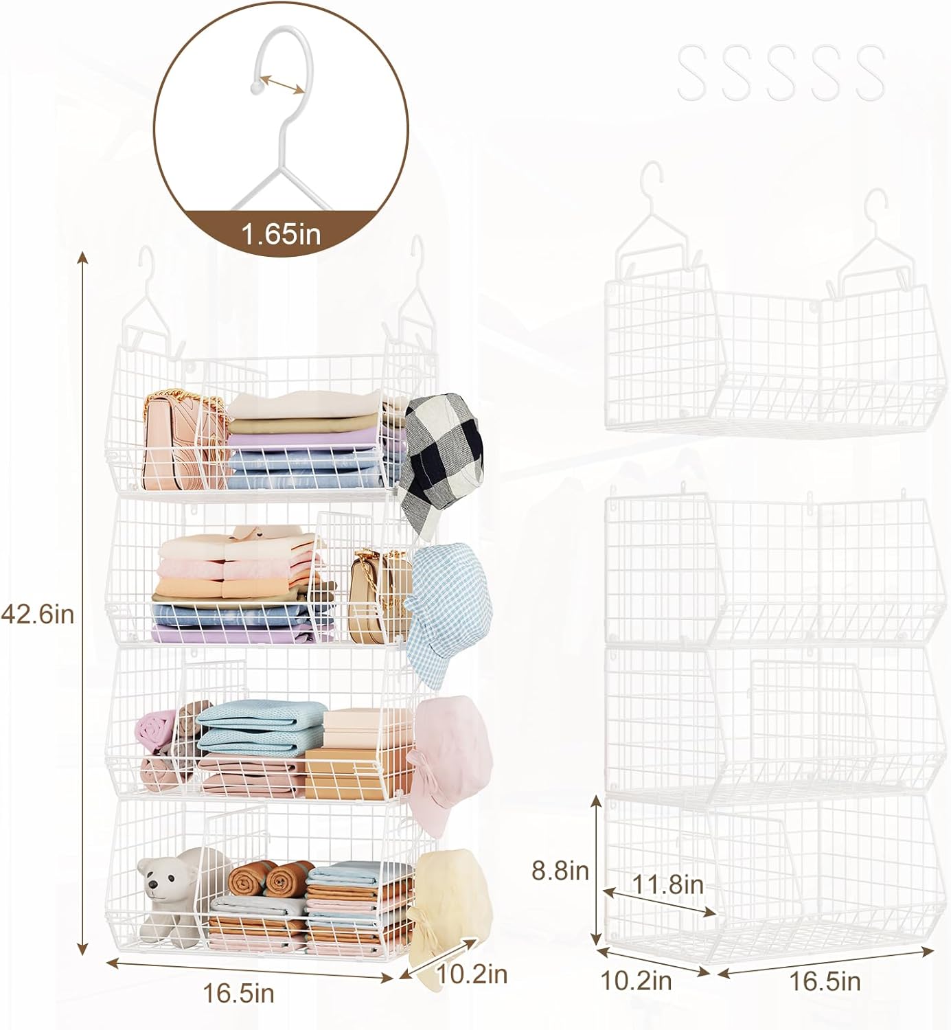4 Tier Extra Large Hanging Closet Organizer,Closet Organizer Hanging with 5 S Hooks 4 Dividers,Clothes Organizer Clothing Sweaters Clutches Handbags Hats Accessories-White