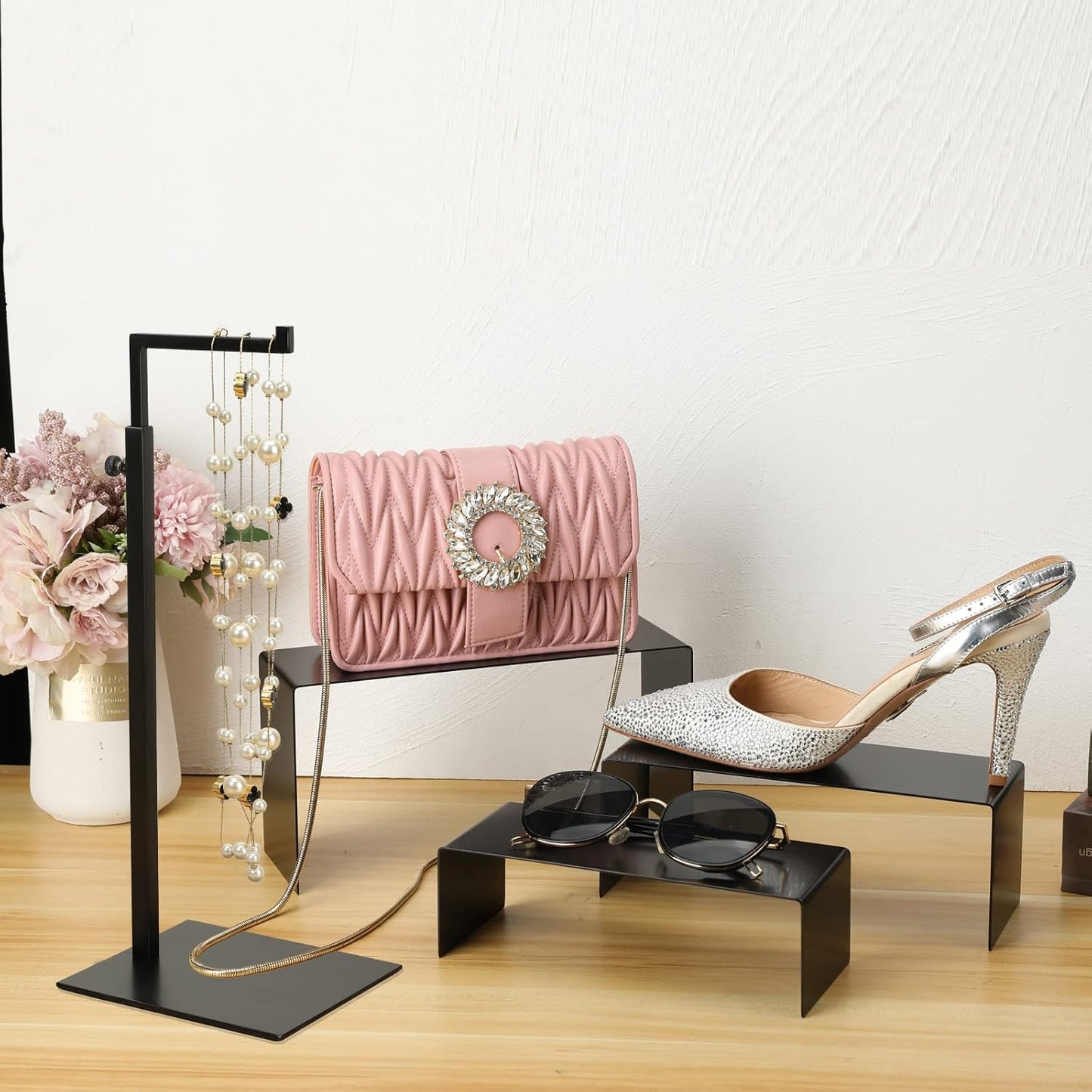 Purse Display Stand Handbag Display Stand Black Stainless Steel Display Risers Showcase Stand Product Stand Set (RCS 50% Recycled Post-consumer Metal)