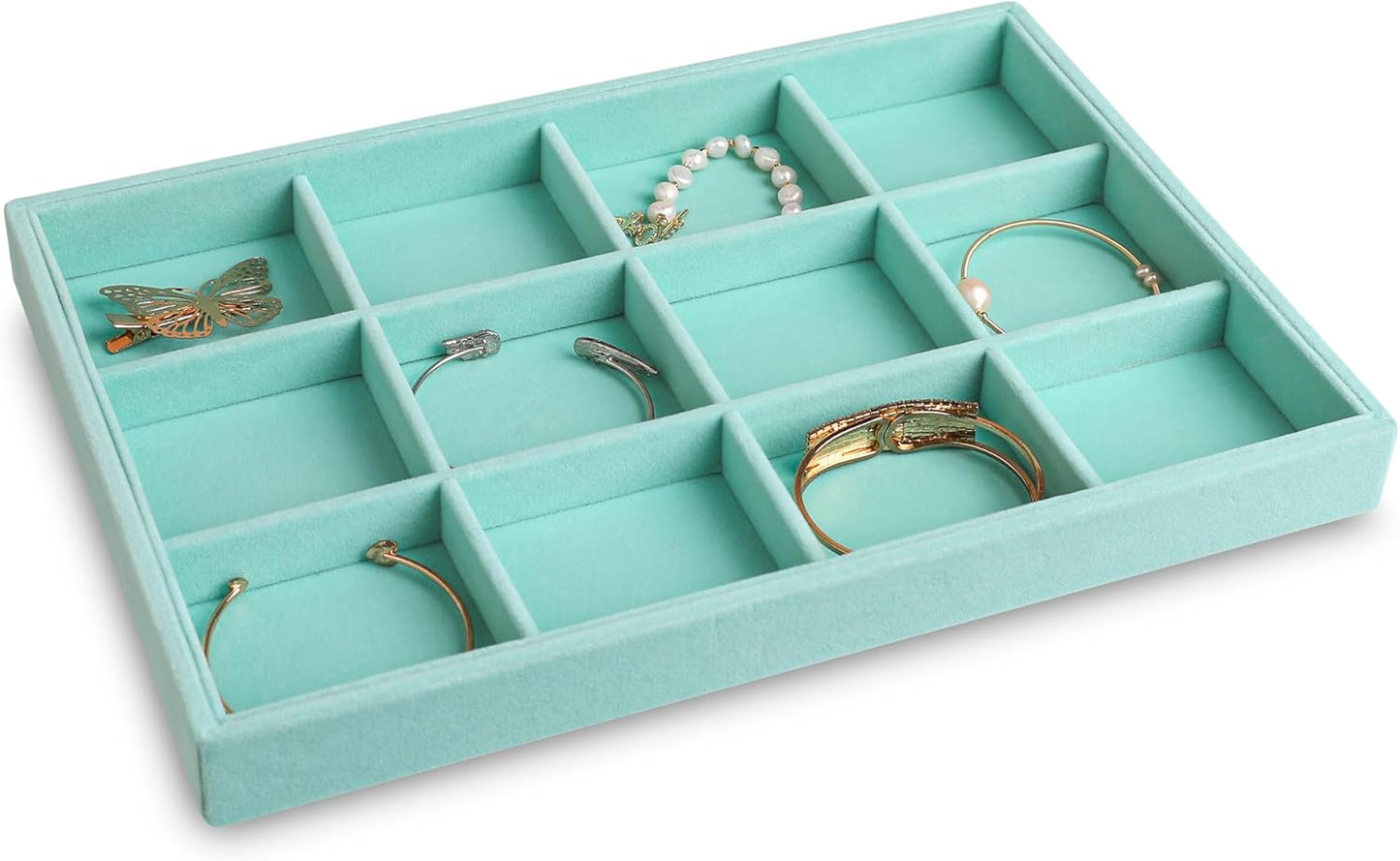 Frebeauty Stackable Velvet Jewelry Organizer Trays for Drawers Inserts Jewelry Storage Tray Display Case, Stud Earrings Bracelets Necklace Rings Accessories Trays for Women(Set of 2)(Turquoise)