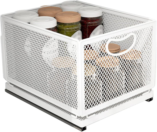 Sliding Cabinet Basket Organizer Drawer Self Adhesive Slide out Pantry Shelves Heavy Duty Carbon Steel Slide Cabinet Storage Basket with Handle for Bathroom Kitchen Home