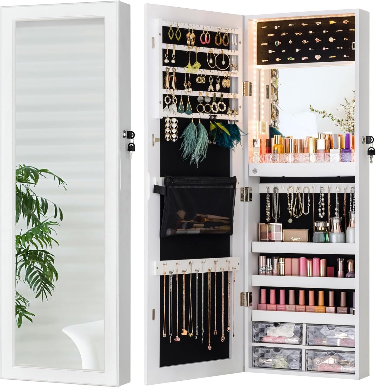 LUXFURNI Full Length Mirror with Storage, 79 LED Lights Mirror Jewelry Cabinet, Wall Mounted or Door-Hanging Jewelry Armoire Organizer with Mirror, Built-in Makeup Mirror, White