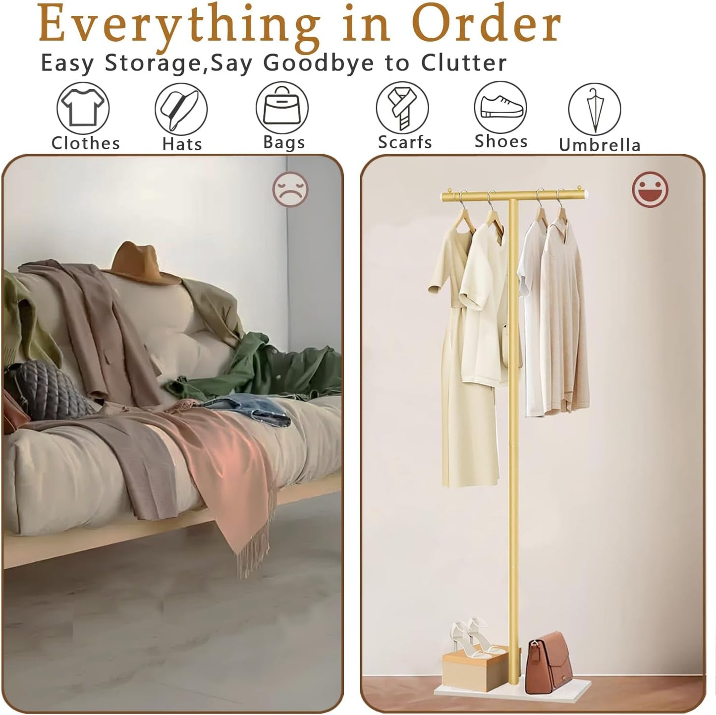 T-Shaped Metal Rack Stand, Modern Clothes Rack With Rock Slab Base,68.8Inch Freestanding Clothing Rack Stand,Suitable For Boutiques, Entryway, Bedroom, Living Room, Hallway, (Golden Yellow)