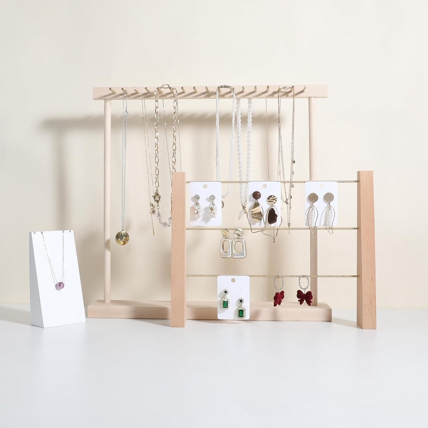 GemeShou 3 Tiers Beech Earring display stands for selling, Wooden Jewelry Shelf, Earring Storage Organizer, Brass earring holders with 42 holes for stud Dangle Hoop【Beech 3-Tier】