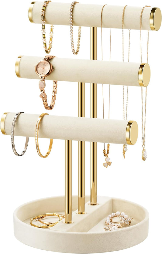 Bracelet Holder Jewelry Organizer Display - 3 Tier T Bar Velvet Stand, Beige Necklace Holder Organizer, Bracelet Holder, Earring Holder and Ring Display for Jewelry Organizers and Storage