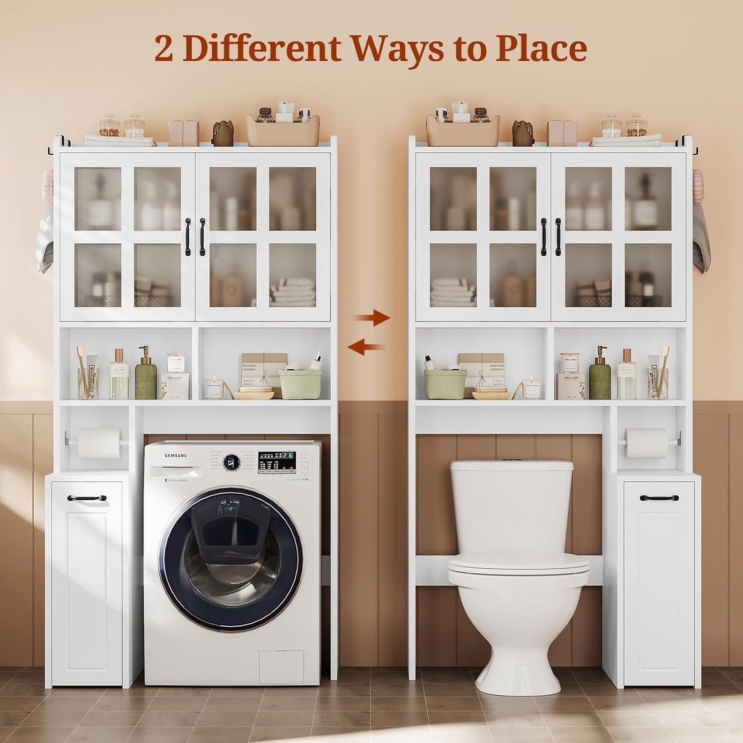 Over The Toilet Storage Cabinet with Pulley Small Bathroom Storage Cabinet, Space Saver W/Adjustable Shelf & Glass Doors for Bathroom, Restroom, Laundry (Frosted Mirror-Type B)