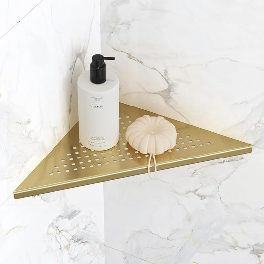 Bathroom Corner Shelf, Recessed 10" Shower Shelf Caddy, SUS304 Stainless Steel Shelf Wall Mount Triangular, No Drilling, Brushed Golden
