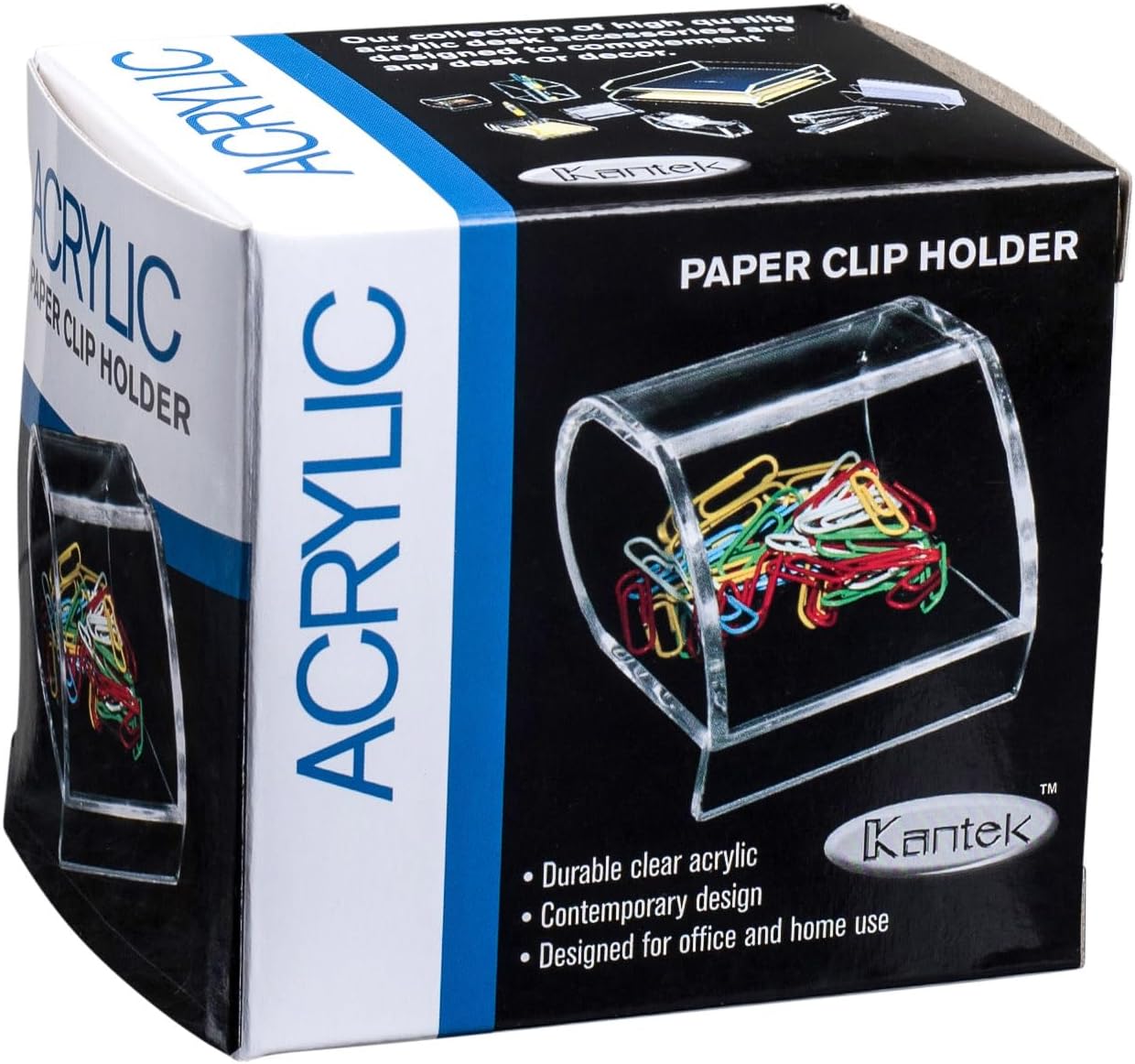 Kantek Clear Acrylic Paper Clip Holder, Angled Open Design, 3.1" x 3.3" x 2.6", Non-Skid Feet, Office Organizer, Desk Accessory