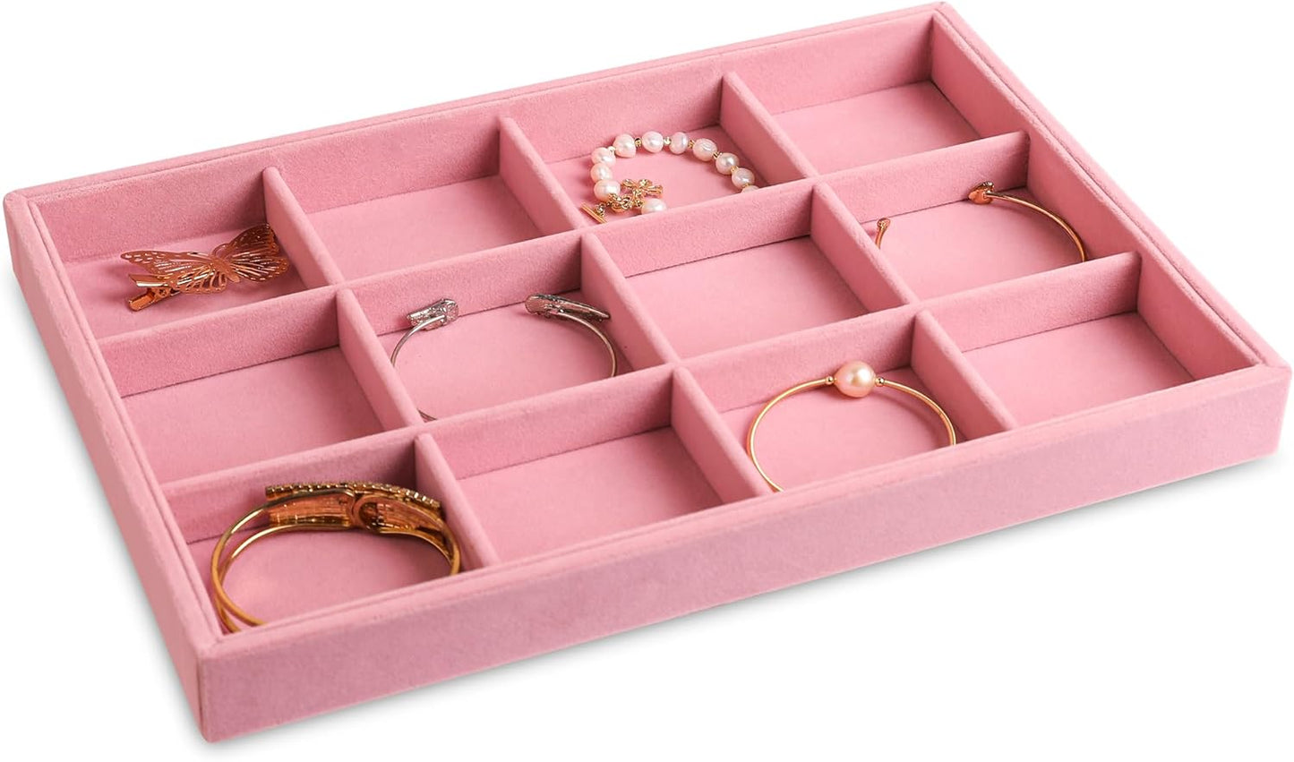 Frebeauty Stackable Velvet Jewelry Organizer Trays for Drawers Inserts Jewelry Storage Tray Display Case, Stud Earrings Bracelets Necklace Rings Accessories Trays for Women(Set of 4)(Pink)