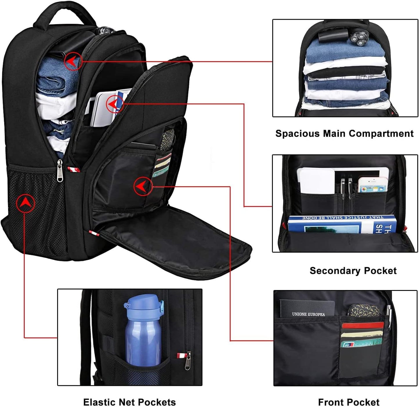 Della Gao Travel Laptop Backpack, Black Backpack for Men and Women with USB Slit Business Computer Back Pack (Black, 15.6 Inch)