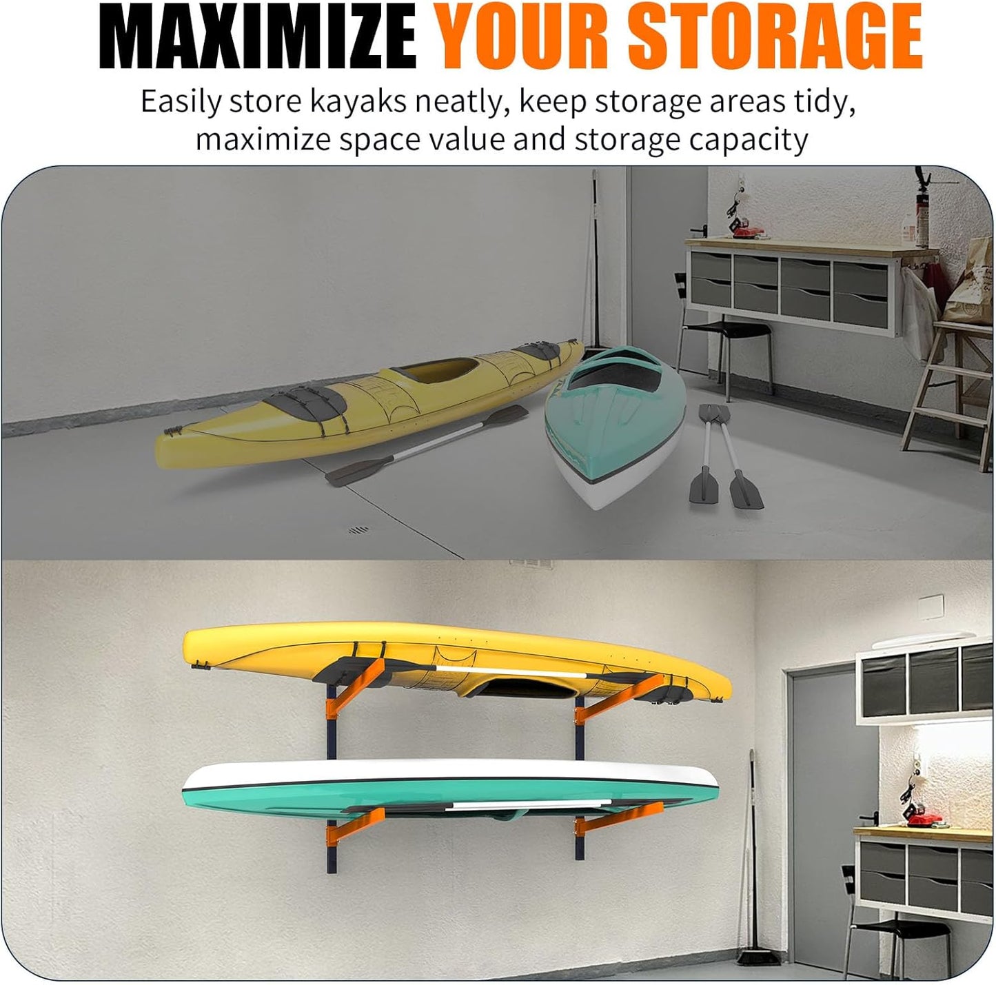 Kayak Storage Rack, Wall Mount Kayak Racks for Indoor Outdoor Storage, Heavy Duty Adjustable Kayak Rack for Garage, Spacesaver