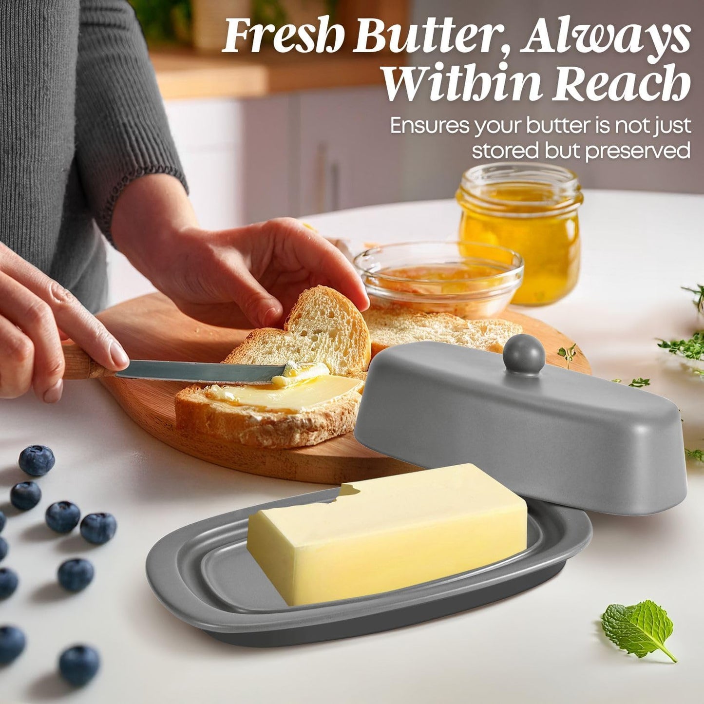 Flexzion Ceramic Gray European Butter Dish with Lid for Countertop (7 Inch) - 1 Stick Butter Holder for Counter, Cream Cheese Container Storage Keeper