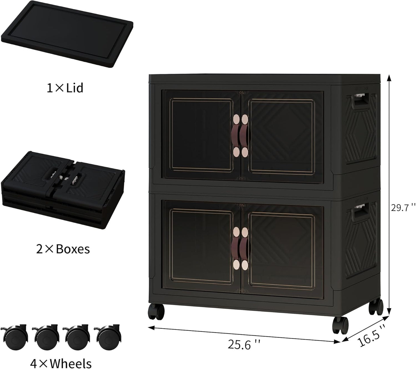 Storage Bins with Lids and Wheels, Collapsible Bathroom Storage Cabinet with Clear Doors, Plastic Stackable Closet Organizers and Storage Containers Black 199 QT