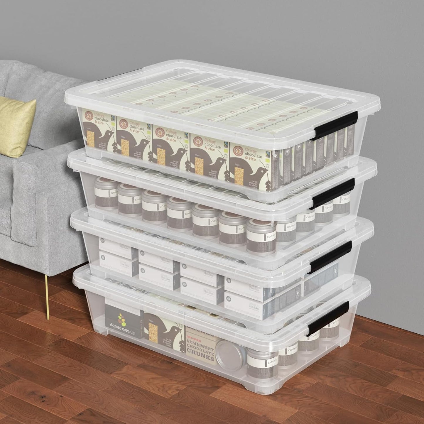 Pack of 4 Stackable Plastic Containers with Durable Latching Lids, Under Bed Storage Containers, 40 Quart