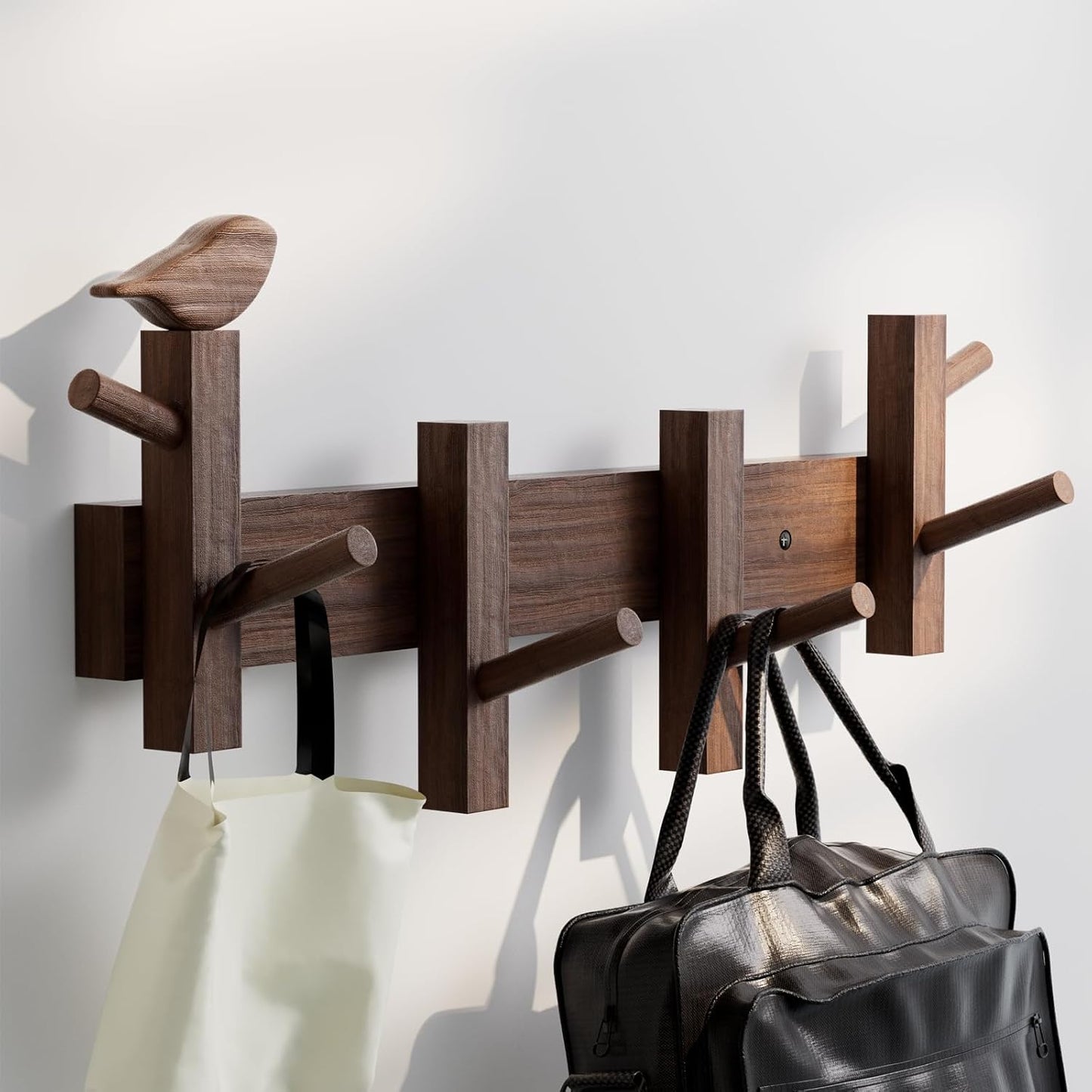 Coat Rack Wall Mount，Solid Acacia Wall Mounted Coat Rack with 4+2 Heavy Duty Wall Hooks for Hanging Coats，Backpacks，Towels，etc. Coat Hooks Wall Mount for Entryway, Bathroom,etc