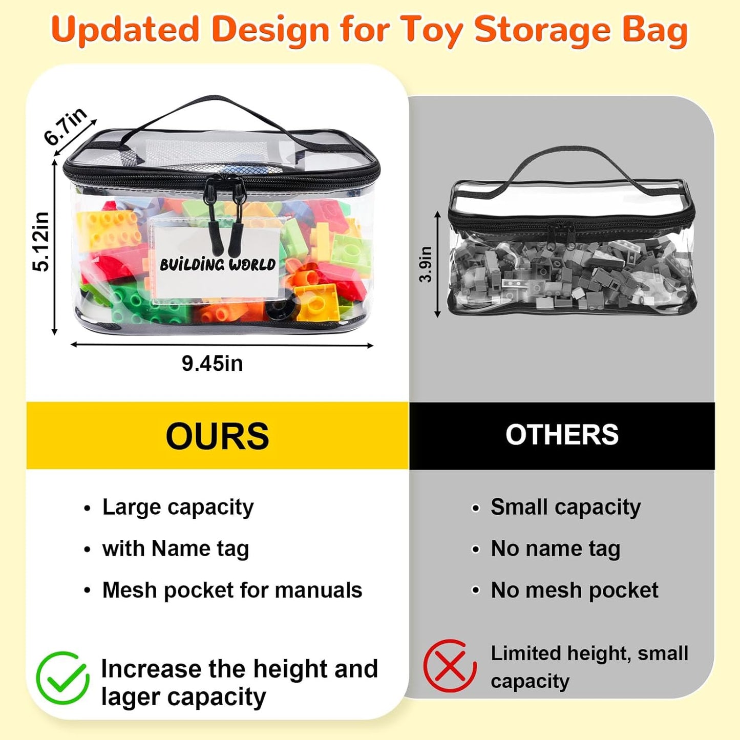 6 Pack Clear Toy Storage Bag with Name Tag& Manual Pocket, Waterproof Transparent PVC Toy Organizer Case for Lego Bricks, Board Games, Building Blocks, Puzzles (Large Capacity, Black)