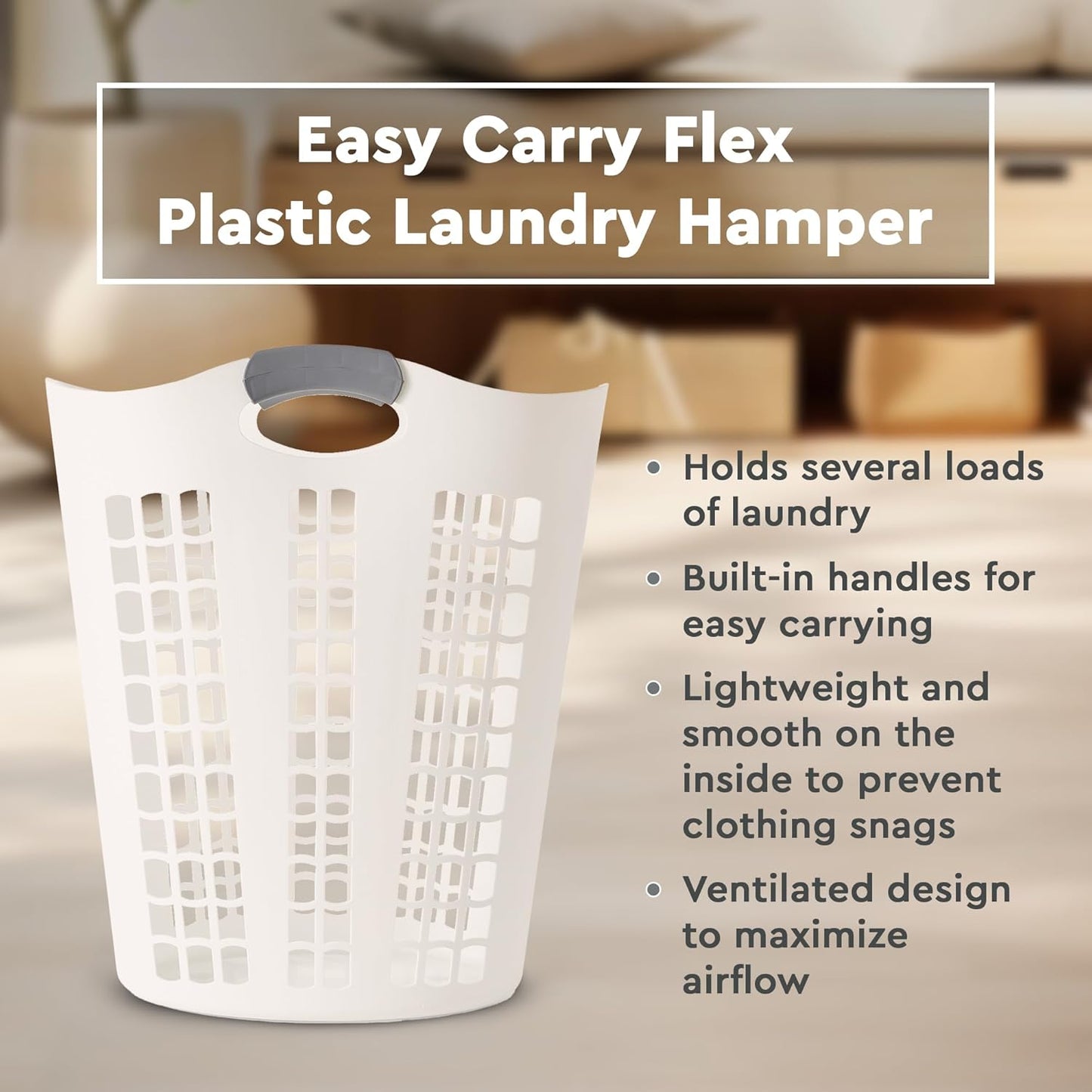 Gracious Living Easy Carry Flex Hamper, Large 87.5 Liter Lightweight Plastic Ventilated Laundry Basket Clothes Bin with Handles, White (4 Pack)