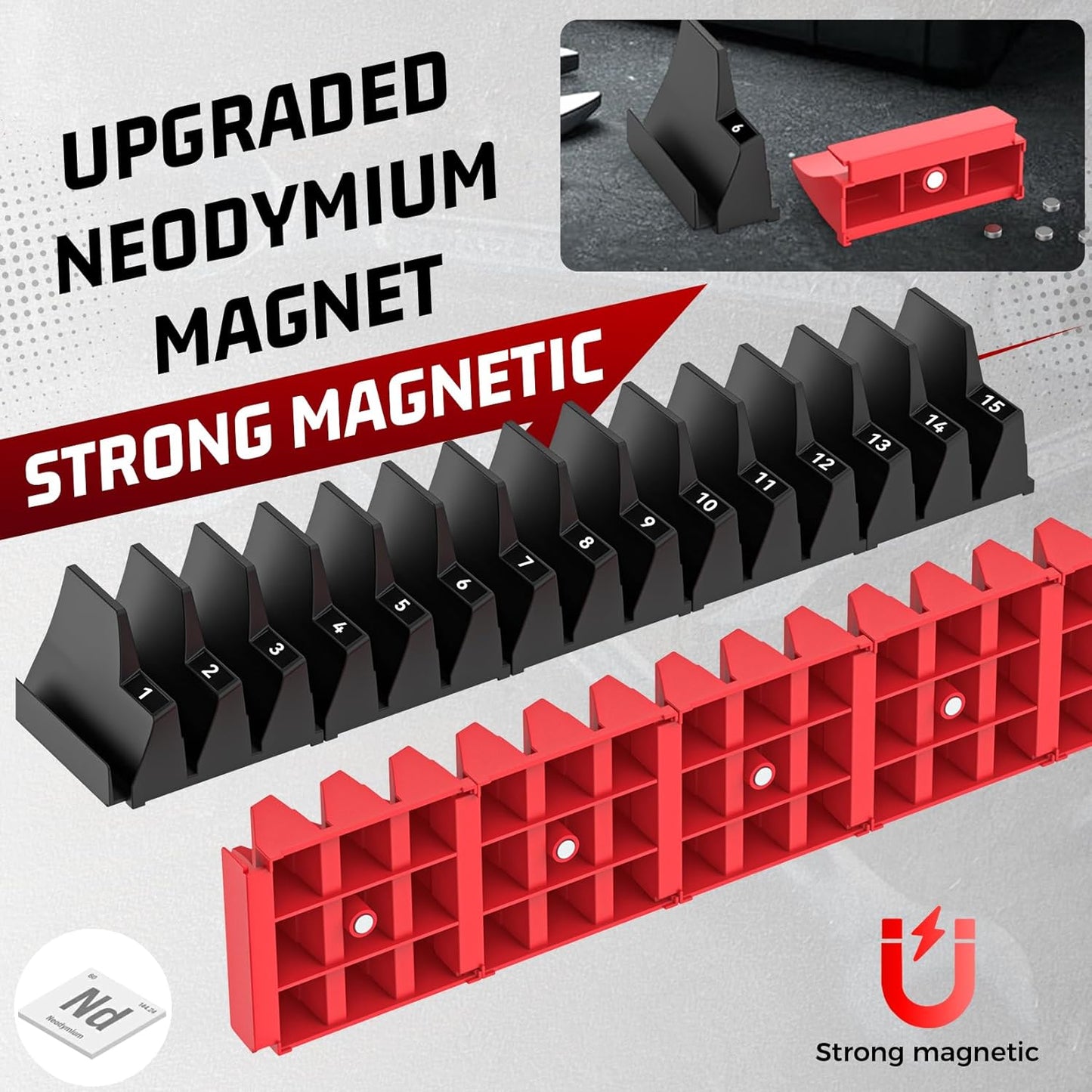 42PCS Magnetic Modular Wrench Organizers for Tool Drawers - Black & Red - Wrench Rack with Metric & SAE Labels, Customizable Magnet Tool Storage Holder for Tool Box Organization
