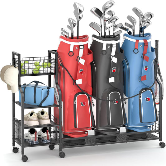 Golf Bag Storage Rack for Garage with Wheels, Organizer for Golf Bag and Equipment Accessories, Golf Organizer Stand Ideal for Home, Garage, Club, Shed, Basement - Sturdy and Durable (Black)
