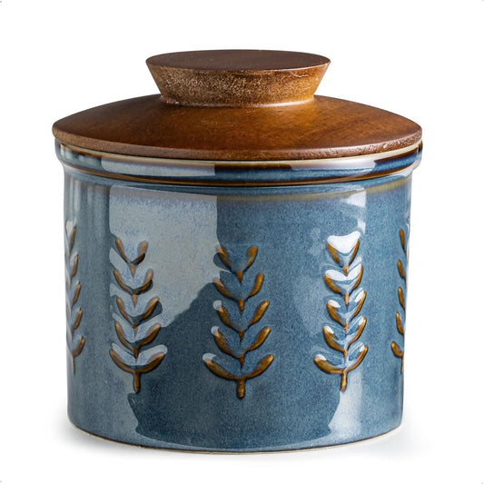 Ceramic Butter Dish with Lid, Butter Crock for Countertop, French Butter Keeper, Elegant Embossed Pattern, Blue