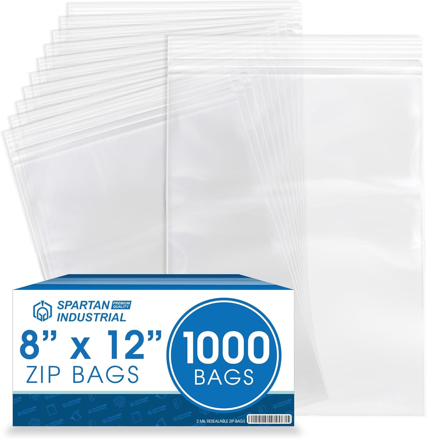 Spartan Industrial - 8” X 12” (1000 Count) 2 Mil Clear Reclosable Zip Plastic Poly Bags with Resealable Lock Seal Zipper