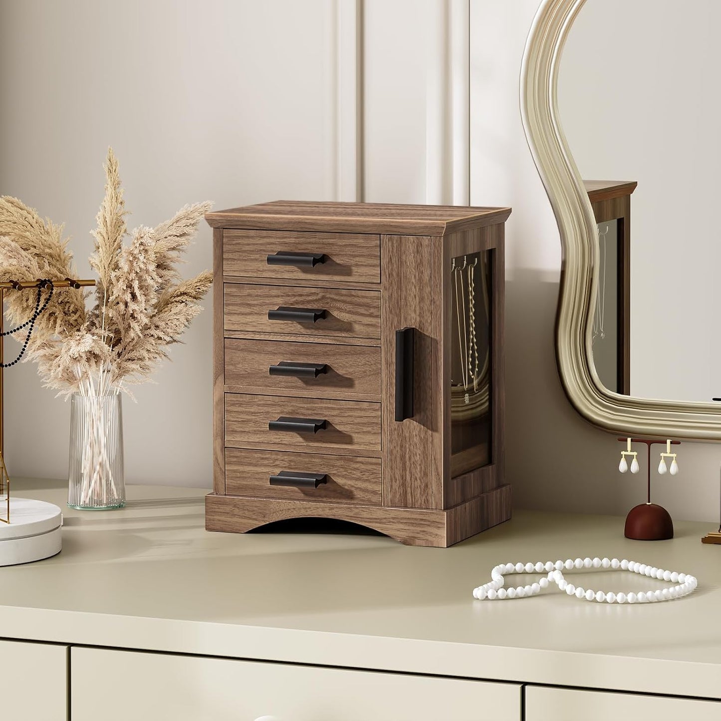 HOOBRO Jewelry Box for Women, Jewelry Organizer with Arc-Shaped Bottom, Wooden Jewelry Box, Side Transparent Window, Vertical Storage, for Earring, Necklace, Bracelet, Ring, Walnut and Black BH13JB04