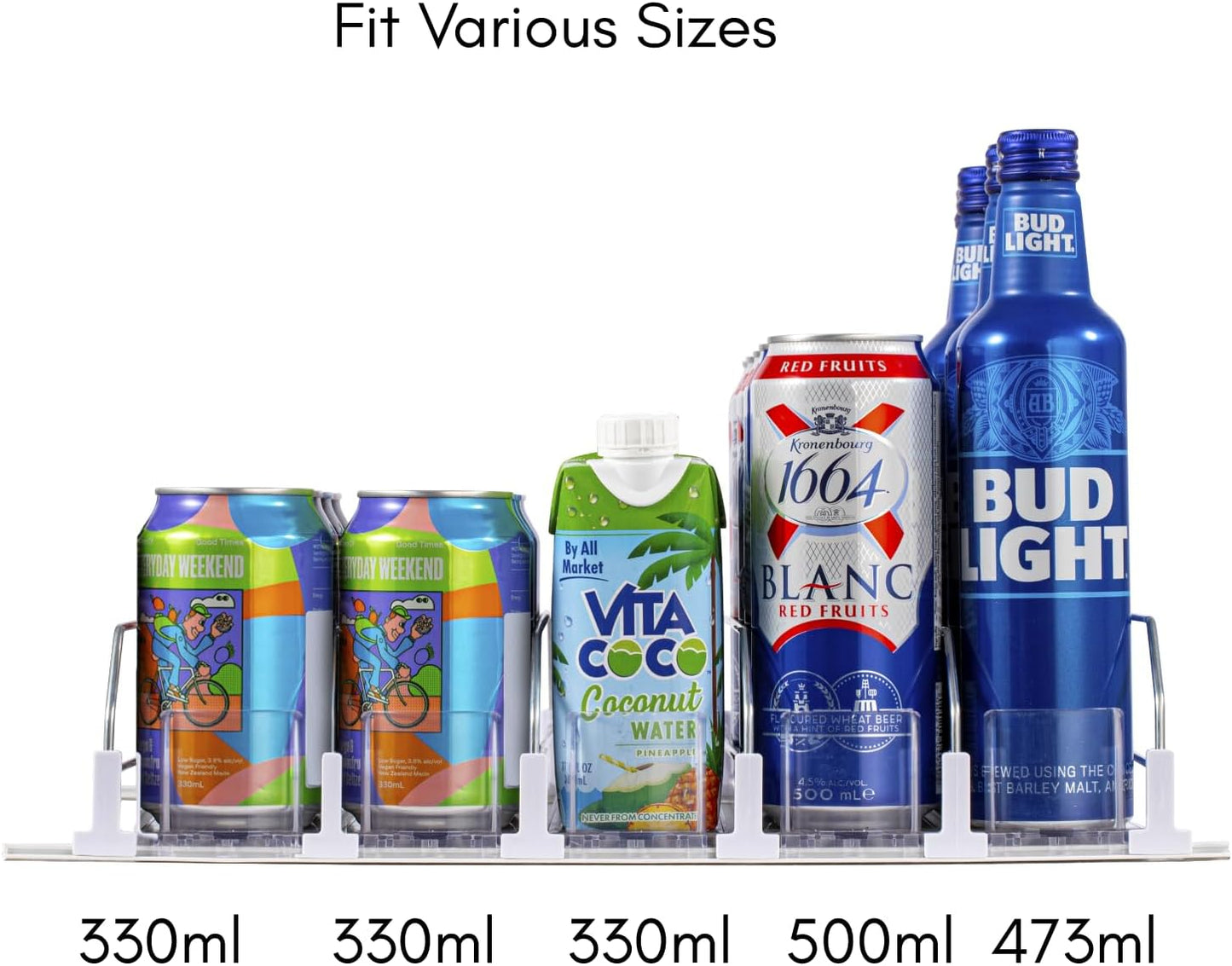 RULA Drink Organizer for Fridge, Self-Pushing Soda Can Dispenser for Refrigerator, Width Adjustable Beverage Pusher Glide - Holds up to 25 Cans (15" D, 5 Rows)