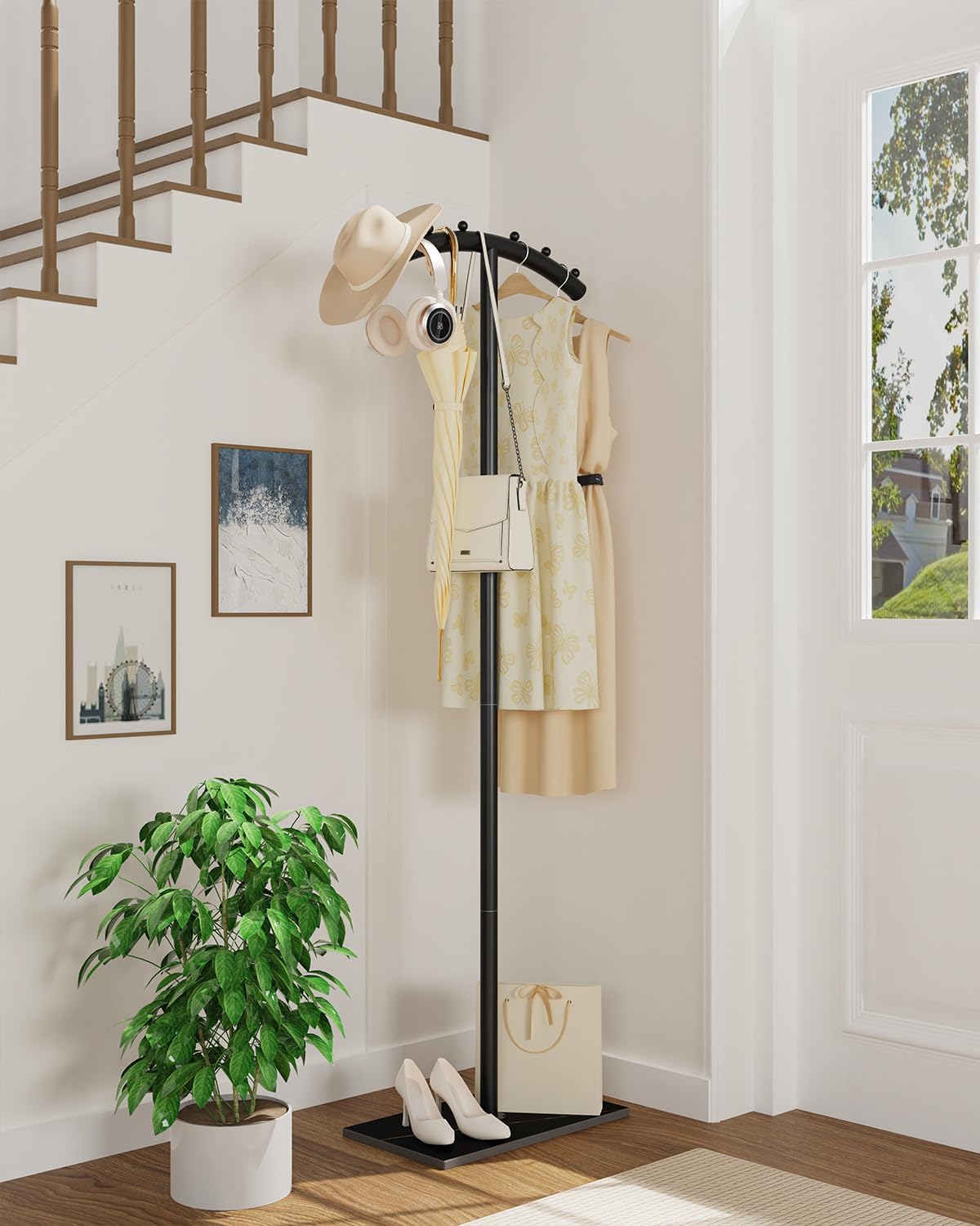 Arcuate Garment Rack, T-shaped Coat Tree Freestanding, Metal Clothes Racks, Natural Stable Rock Base, Suitable For Outerwear, Clothes, Handbags, 68.9in, Black