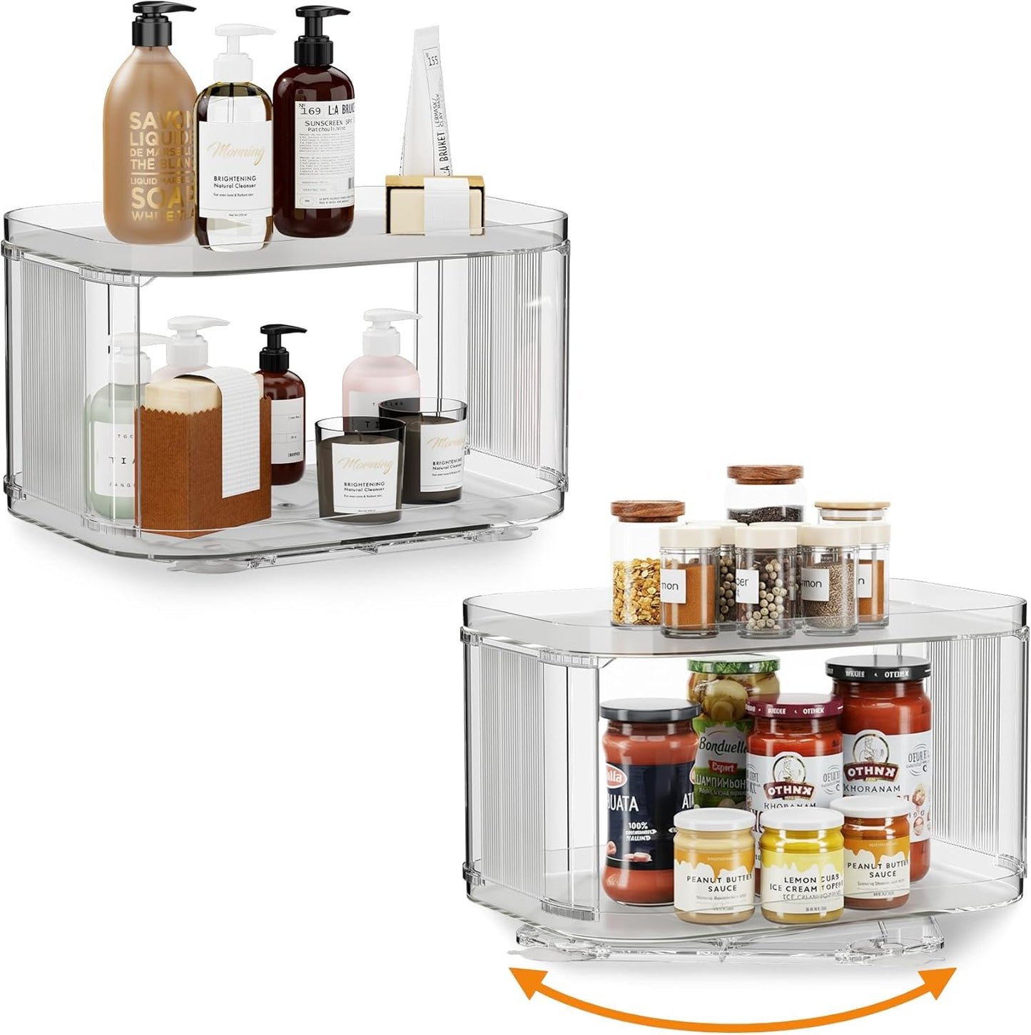 FIRJOY Lazy Susan Organizer for Cabinet, Pantry, Countertop (2 Tier 14" x 10" Clear - 2 Pack, Rectangular)