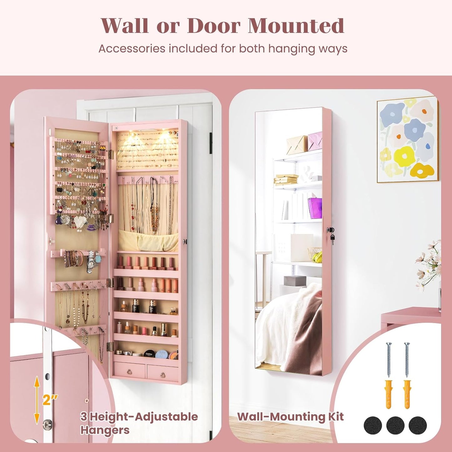 Giantex Wall Door Mounted Jewelry Armoire Cabinet with 47.5" Full Length Mirror, 2 LEDs Lockable Jewelry Organizers and Storage, Over the Door Jewelry Organizer Cabinet with 2 Drawers (Light Pink)
