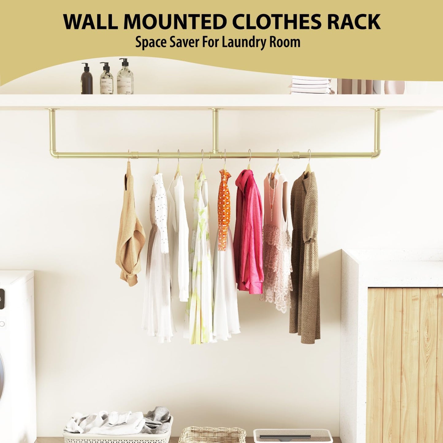 Wall Mounted Clothes Rack, 72" Industrial Pipe Clothing Rack, Heavy Duty Gold Garment Rack Bar, Multi-Function Hanging Clothes Rod for Laundry Room,Bedroom,Dressing Room,Closet Storage