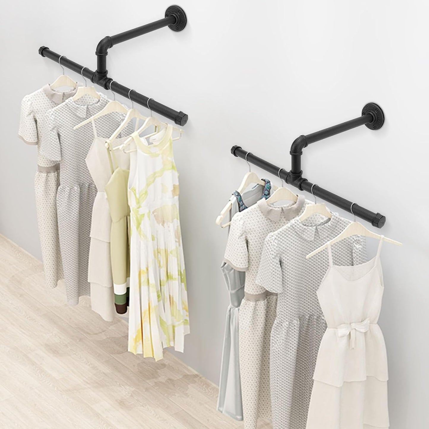 Industrial Pipe Clothes Rack Floating DIY Wall Mounted, Heavy Duty Rustic Vintage Clothing Rod, Metal Garment Bar Space-Saving Hanging for Bedroom, Bathroom and Laundry Room (Black 18 inch)