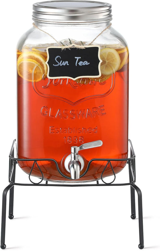 2 Gallon Glass Beverage Dispenser with Stand and Lid, 18/8 Stainless Steel Spigot - Glass Drink Dispensers for Parties - Mason Jar Drink Dispensers with Lids
