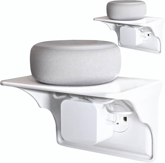 Power Perch Horizontal Wall Outlet Shelf with Cord Storage Strap - Declutter & Reclaim Bathroom Counter Space - Alexa Stand, Apple Homepod Shelf, Toothbrush Holders Wall Mounted - White, 2-Pack