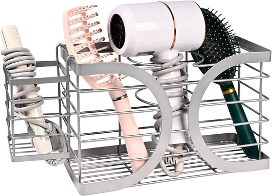 Elegant Light Gray Wall Mounted Hair Dryer Holder - Stylish Bathroom Organiser for Hair Dryer & Straightener, Hair Brush & Accessories